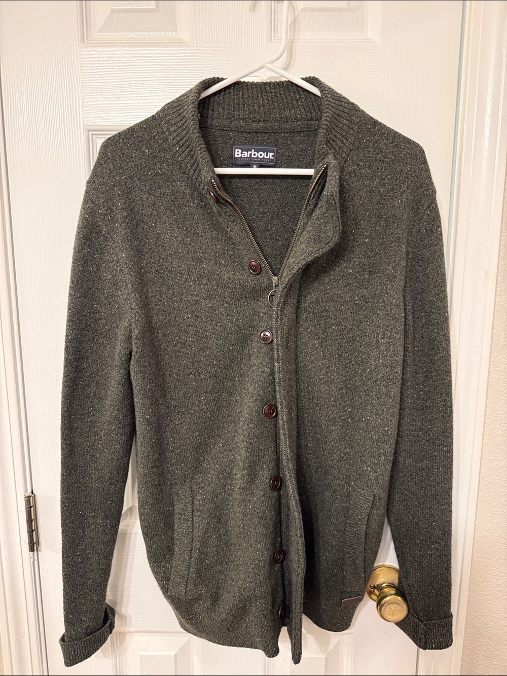 Barbour Olive Green Button-Front Shawl Collar Cardigan